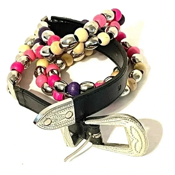 Vintage Accessories - Womens Genuine Leather Wooden Beaded Belt Western Buckle Size Small/Medium